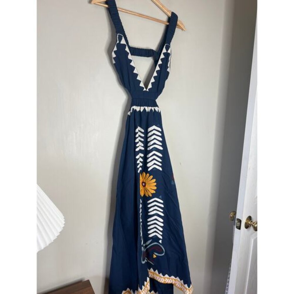 NWT Carolina K Lia Cutout Embroidered Elastic Midi Dress Navy Peony Size: XS - Picture 3 of 7